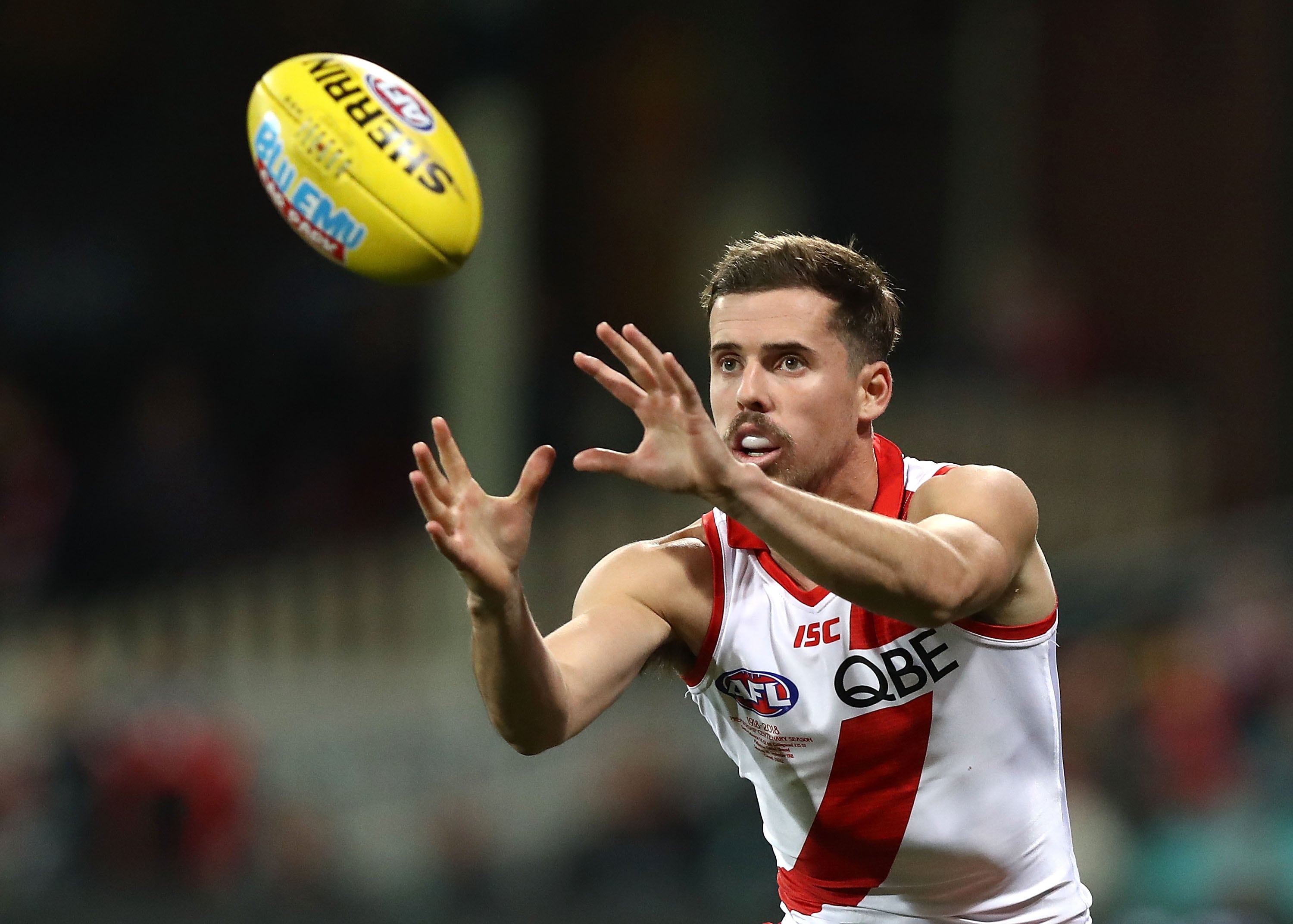 AFL 2018 Round 20 - Sydney v Collingwood SYDNEY, AUSTRALIA - AUGUST 04: Jake Lloyd of the Swans marks during the round 20 AFL match between the Sydney Swans and the Collingwood Magpies at Sydney Cricket Ground on August 4, 2018 in Sydney, Australia. (Photo by Ryan Pierse/Getty Images/AFL Media)